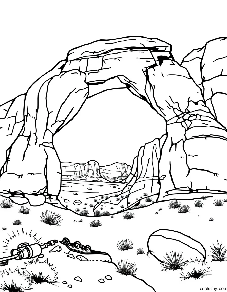 Arches National Park with natural stone arches, Utah desert landscapes, red rock climbing equipment, and southwestern petroglyphs