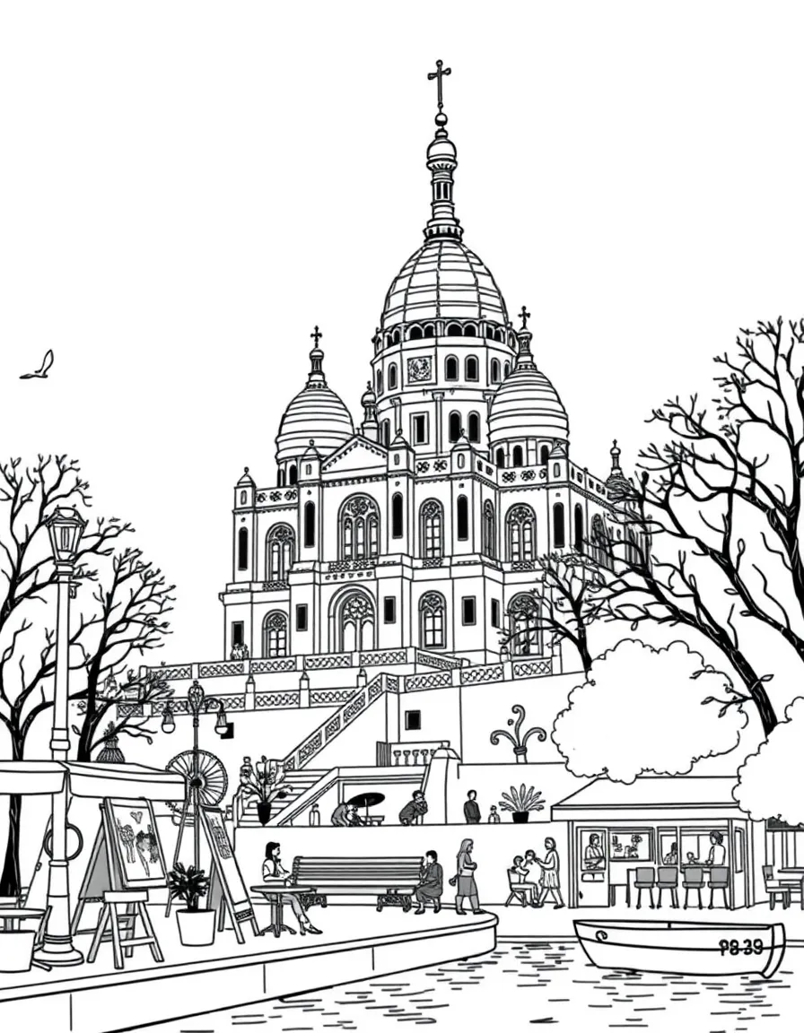 The Sacré-Cœur Basilica with Montmartre artist easels, Parisian café culture, Seine River boat tours, and French impressionist painting symbols