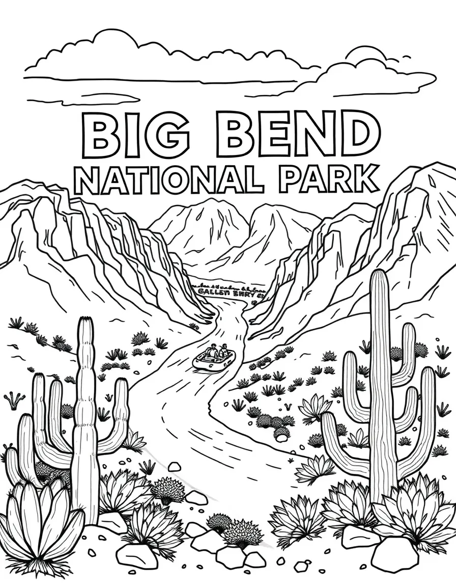 Big Bend National Park with Rio Grande River rafting, Chihuahuan Desert cacti, Mexican border culture, and Texas wildlife symbols