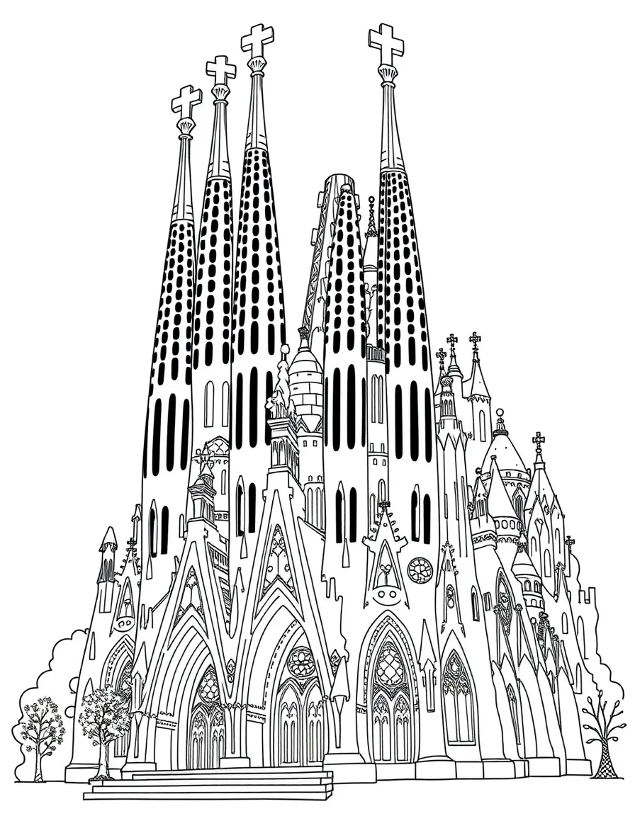 The Sagrada Família with Antoni Gaudí architectural swirls, Barcelona modernist elements, Catalonian cultural symbols, and Spanish Gothic details