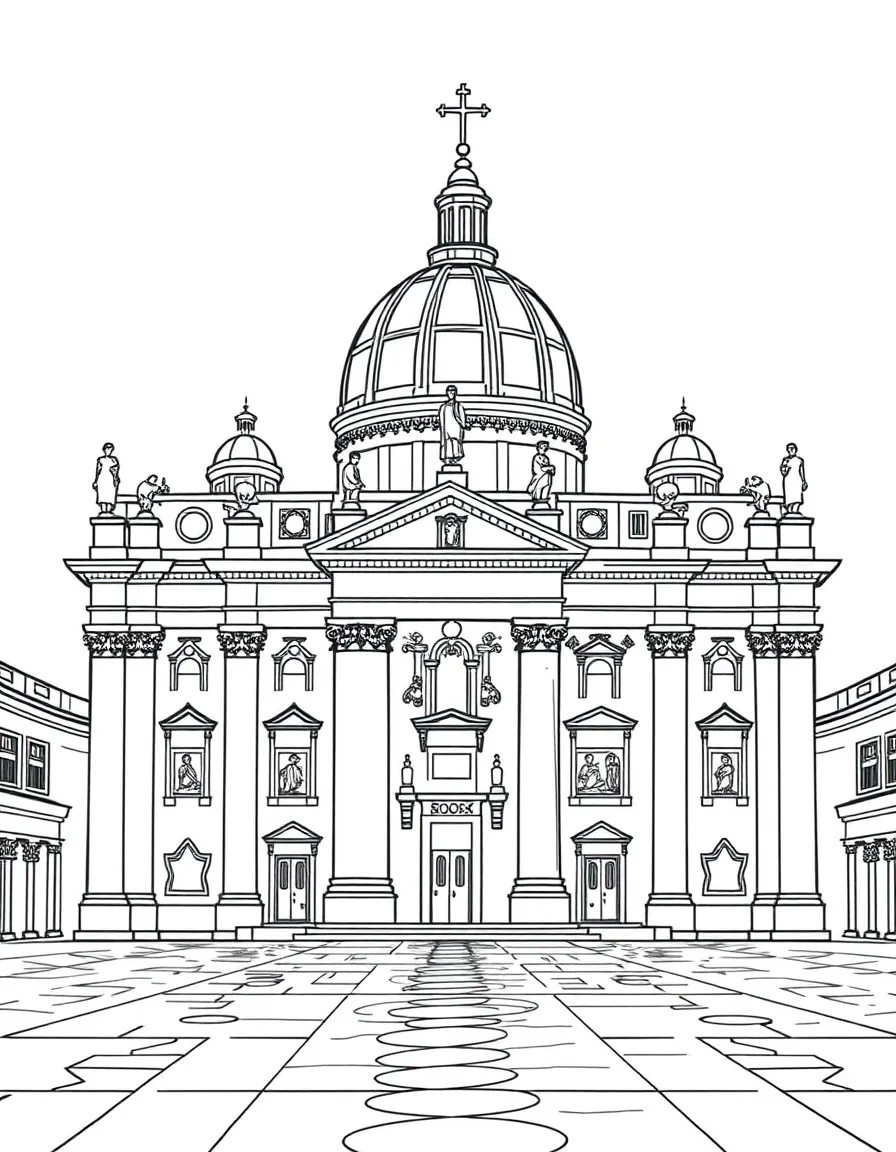 The Saint Peter's Basilica with Vatican papal symbols, Sistine Chapel art references, Roman Catholic religious icons, and Renaissance architectural details