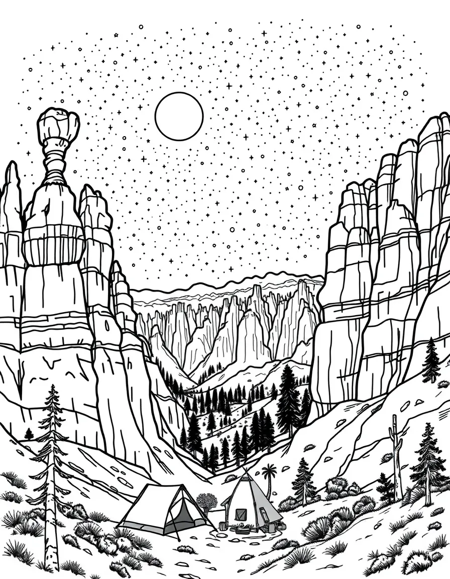 Bryce Canyon National Park with hoodoo rock formations, Utah desert night skies, Paiute Native American symbols, and southwestern camping scenes