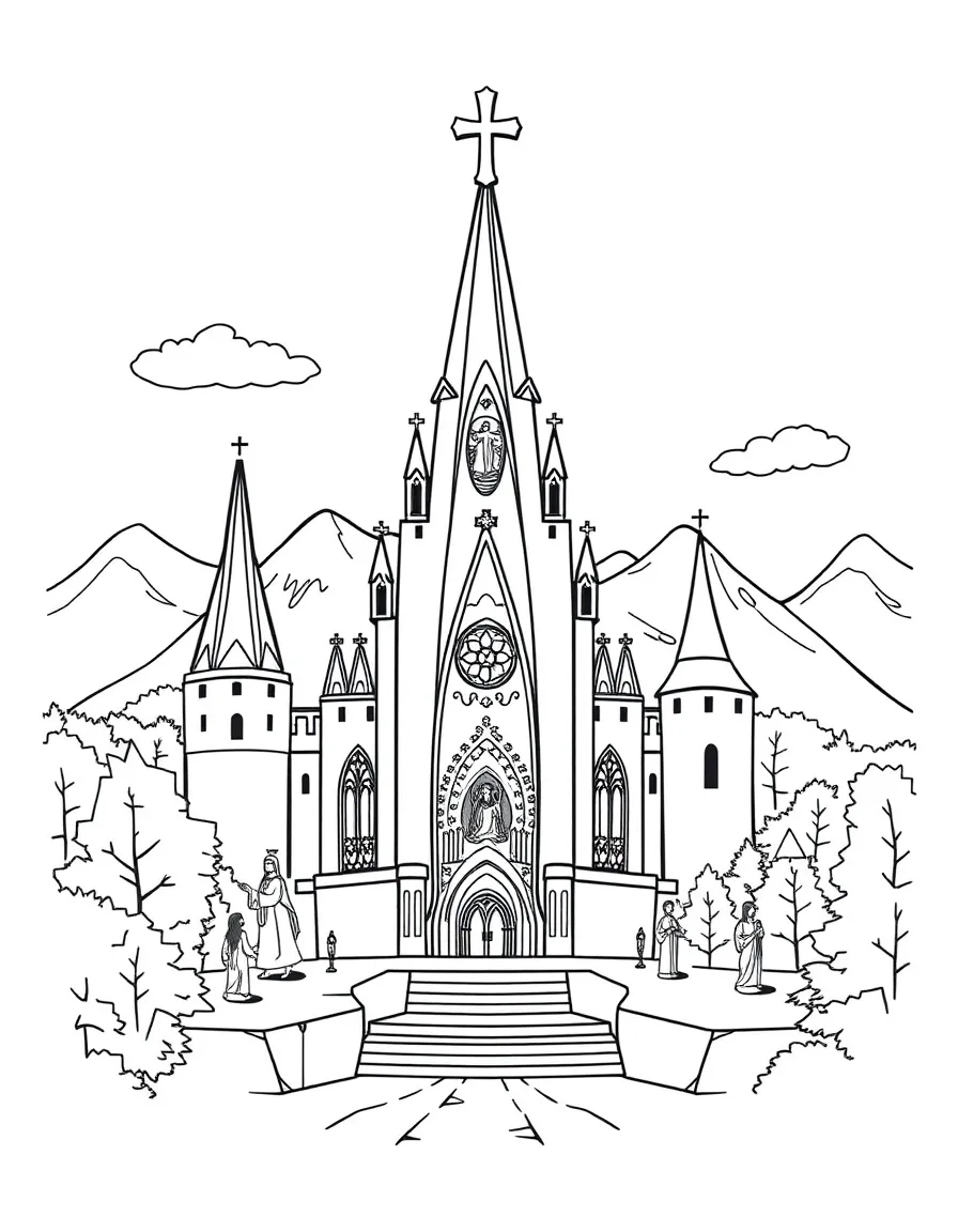 The Sanctuary of Our Lady of Lourdes with French pilgrimage symbols, Pyrenees mountain backgrounds, healing spring water, and Catholic miracle stories