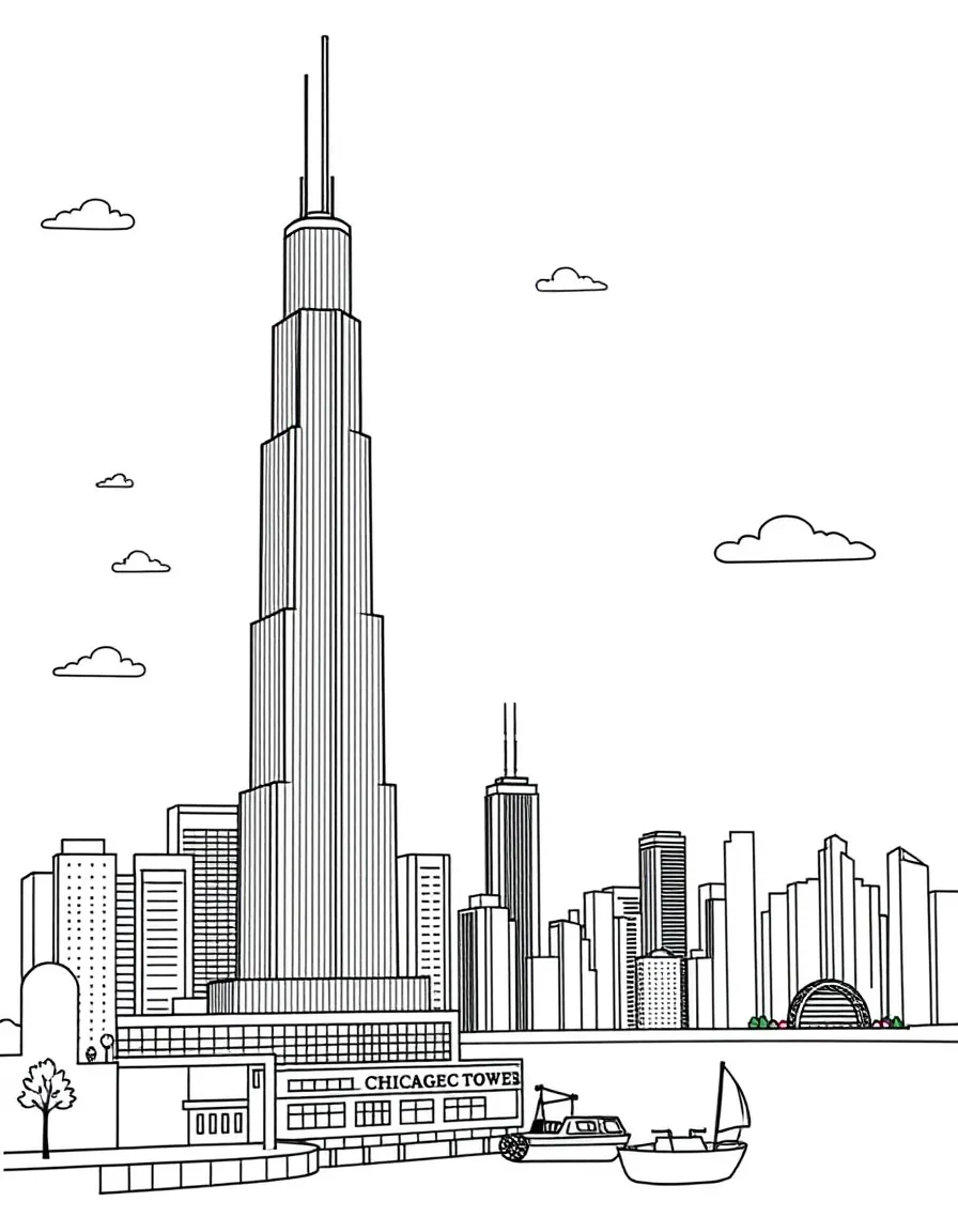 The Sears Tower (Willis Tower) with Chicago skyline, Lake Michigan views, deep-dish pizza symbols, and Midwestern architectural elements