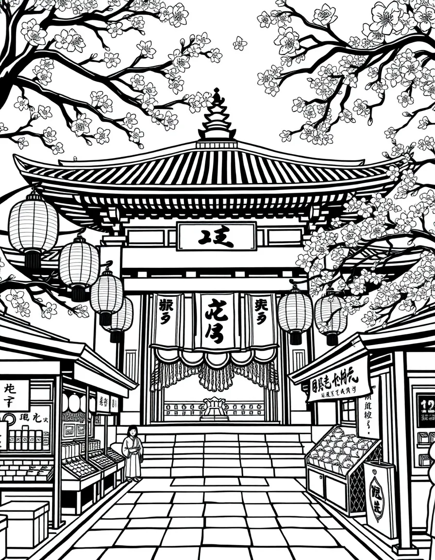 The Sensoji Temple with Japanese paper lanterns, Tokyo street food stalls, cherry blossom branches, and traditional Buddhist prayer symbols