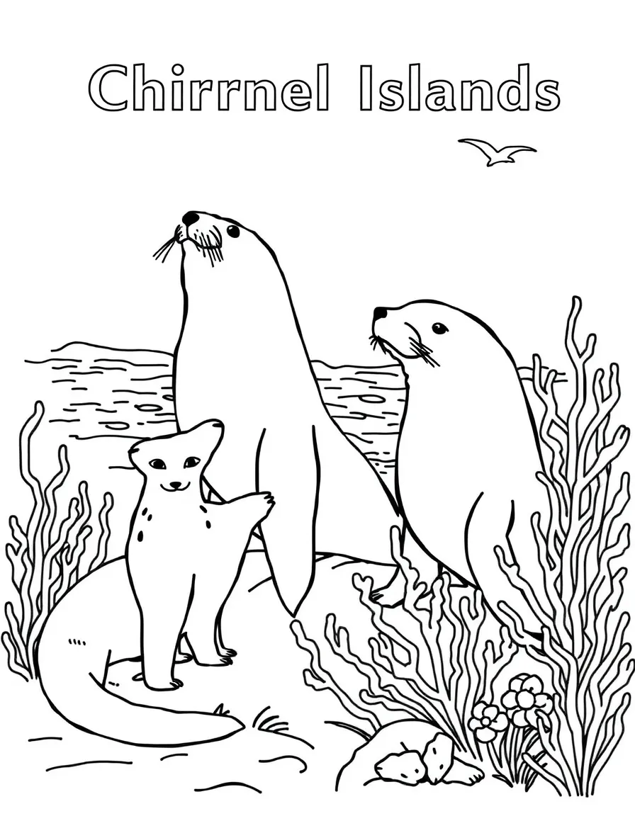 Channel Islands National Park with California sea lions, island foxes, kelp forest ecosystems, and Pacific coastal conservation symbols