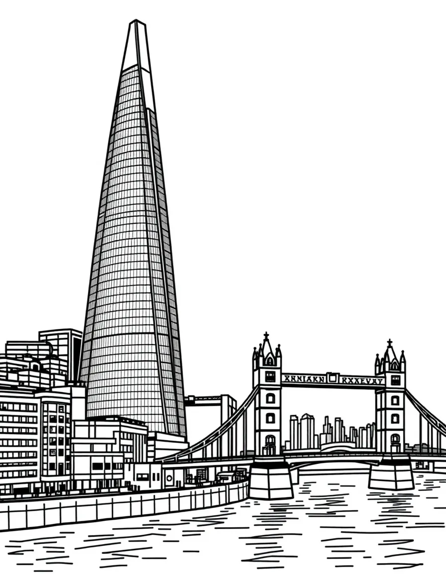 The Shard with London Thames views, modern British architecture, Tower Bridge silhouettes, and contemporary urban planning elements