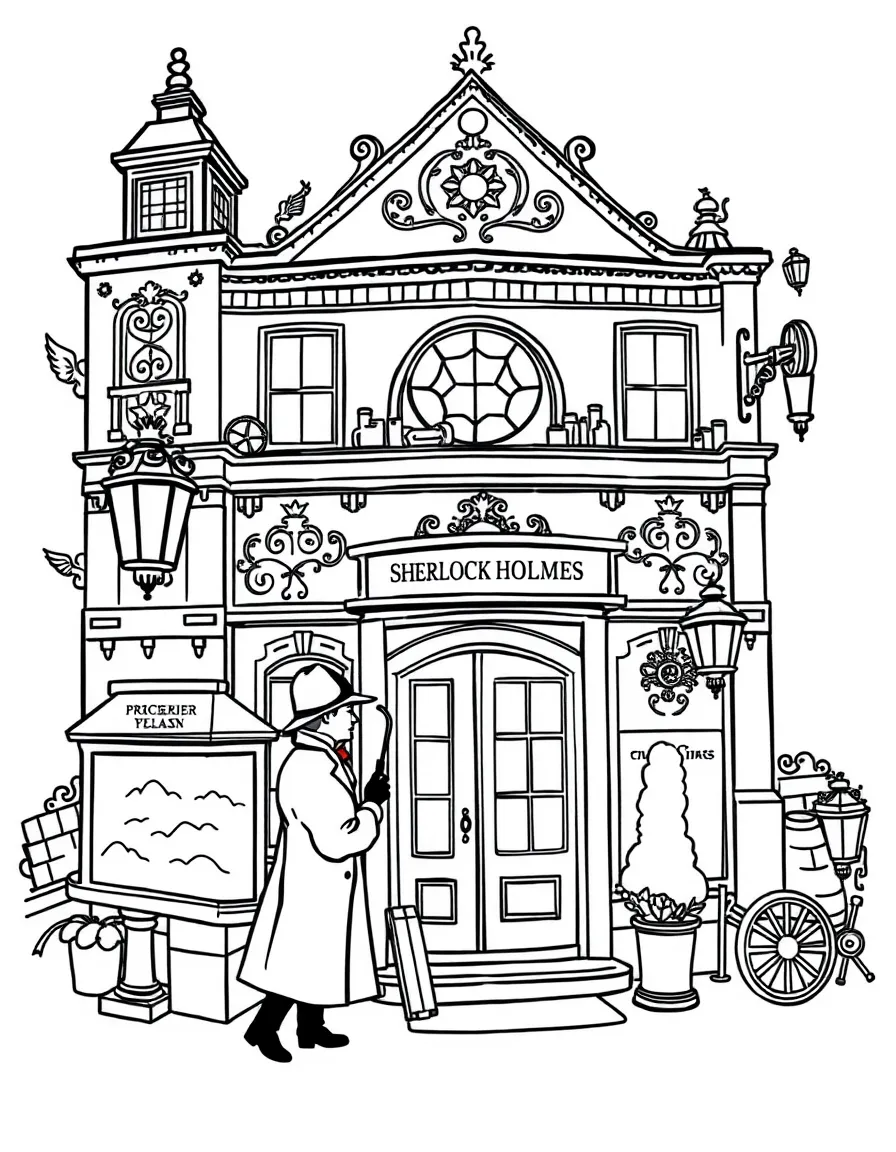 The Sherlock Holmes Museum with Victorian London elements, detective magnifying glasses, Baker Street fog, and British mystery novel symbols