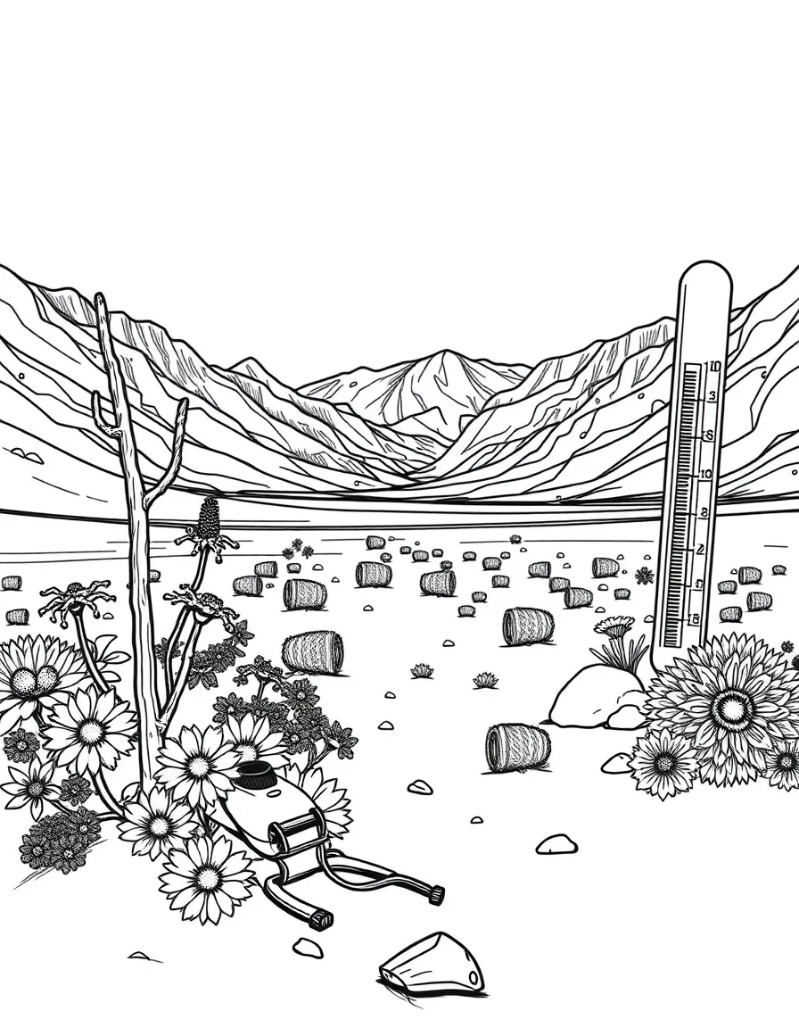 Death Valley National Park with desert wildflower blooms, California/Nevada badwater landscapes, extreme temperature thermometers, and survival gear