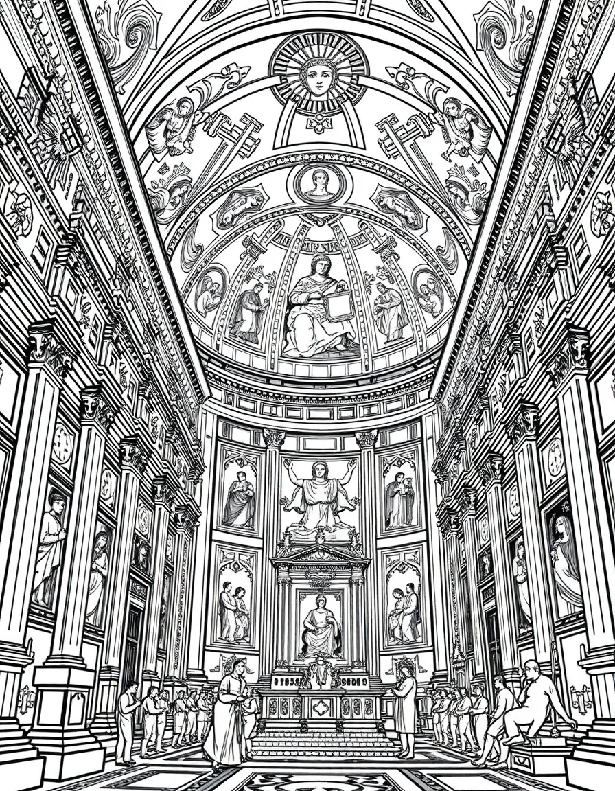 The Sistine Chapel with Michelangelo art references, Vatican religious frescoes, papal ceremony symbols, and Renaissance artistic tools