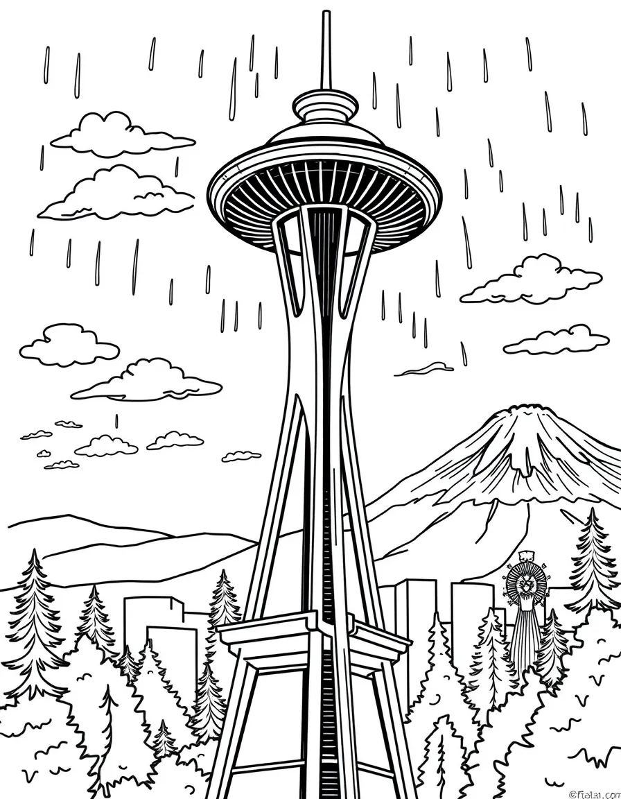 The Space Needle with Seattle coffee culture, Pacific Northwest rain clouds, Mount Rainier backgrounds, and 1962 World's Fair symbols