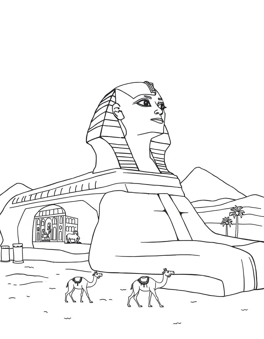 The Sphinx with Egyptian desert sands, pharaoh burial chambers, camel caravans, and ancient Egyptian mythology symbols