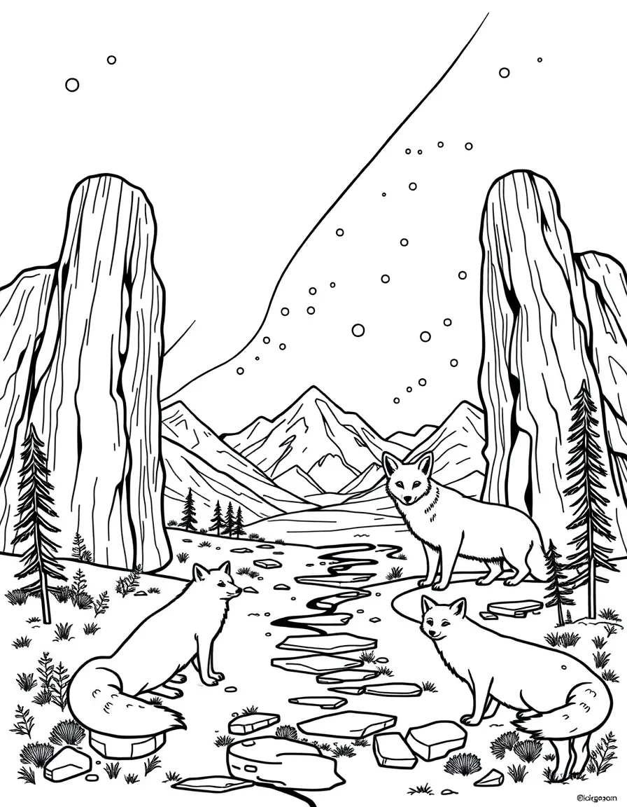 Gates of the Arctic National Park with Alaska Arctic foxes, northern lights displays, Inuit cultural symbols, and tundra wilderness survival