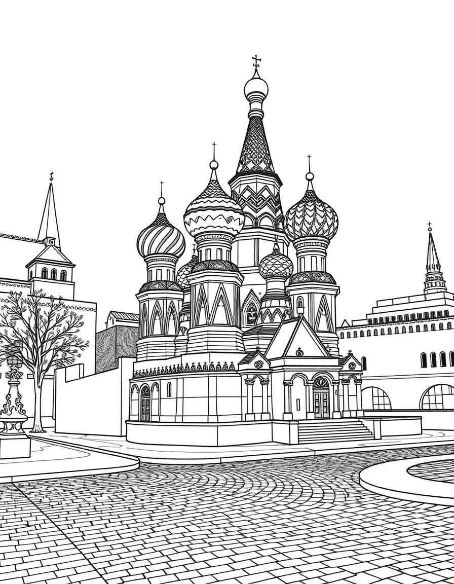 The St. Basil's Cathedral with Russian Orthodox onion domes, Red Square cobblestones, Moscow Kremlin walls, and Slavic folk art patterns