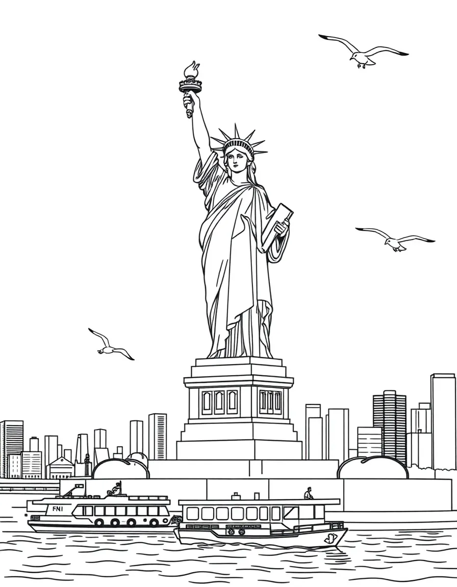 The Statue of Liberty with New York Harbor ferries, immigration Ellis Island symbols, American freedom torches, and Liberty Island seagulls