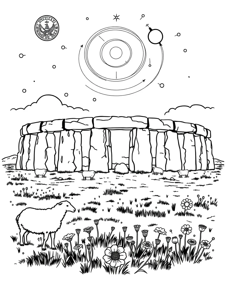 The Stonehenge with English countryside sheep, Druitic Celtic symbols, Salisbury Plain wildflowers, and ancient astronomical alignments