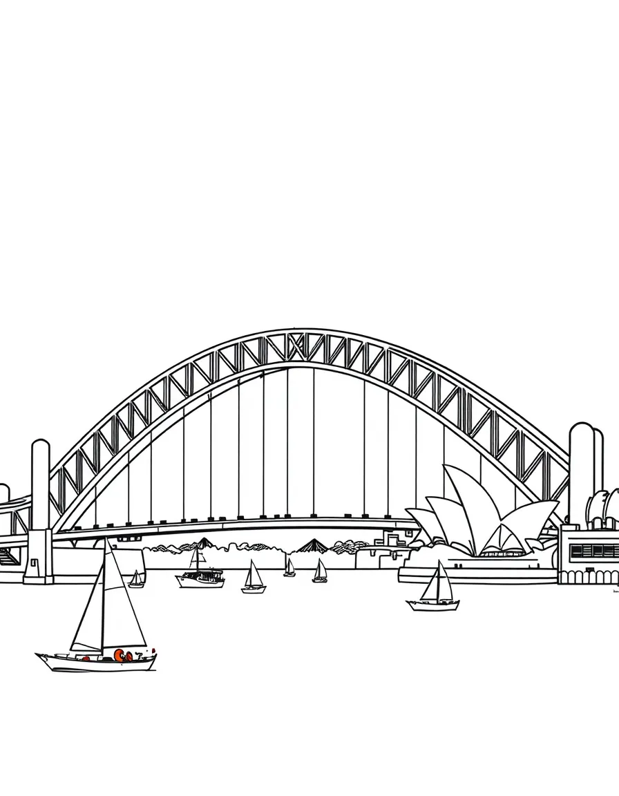 The Sydney Harbour Bridge with Australian sailboat regattas, harbor ferry services, Opera House silhouettes, and New South Wales symbols