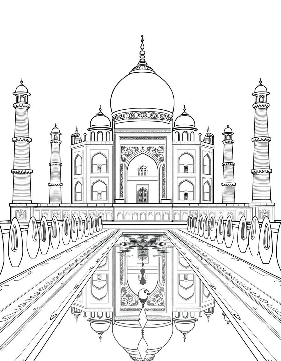 The Taj Mahal with Indian Mughal architecture, Agra peacock gardens, marble inlay patterns, and Yamuna River reflection scenes