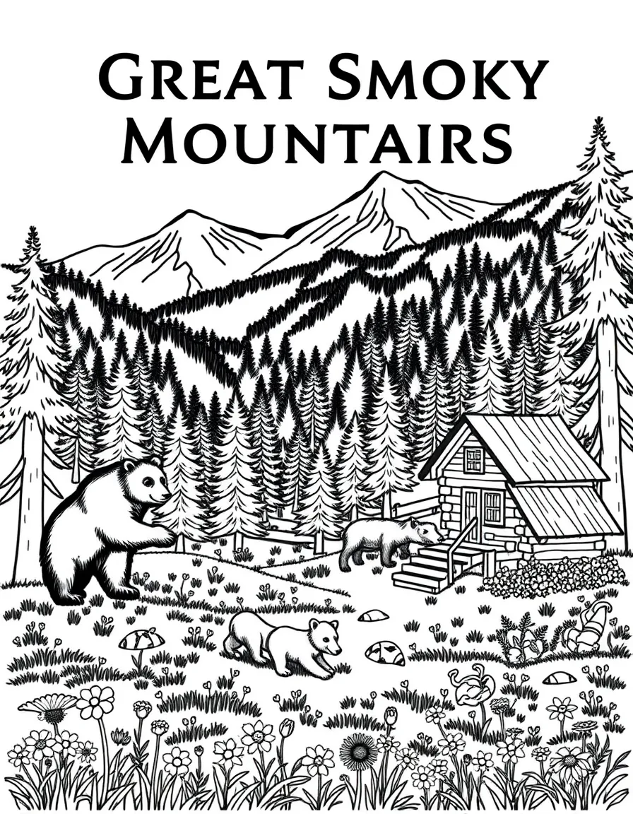 Great Smoky Mountains National Park with Tennessee/North Carolina black bears, Appalachian log cabins, wildflower meadows, and mountain music