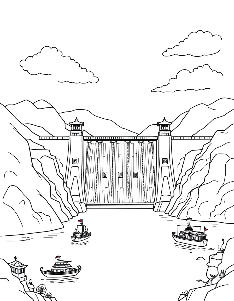 The Three Gorges Dam with Yangtze River navigation, Chinese engineering marvels, traditional river boat culture, and hydroelectric power symbols