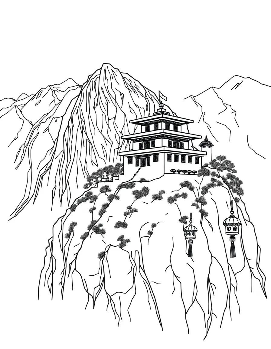 The Tiger's Nest Monastery with Bhutan Himalayan cliffs, Buddhist prayer wheels, Gross National Happiness symbols, and mountain kingdom culture