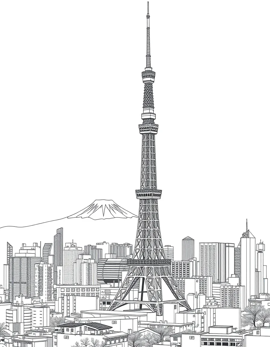 The Tokyo Tower with Japanese urban skyline, Mount Fuji distant views, anime culture symbols, and modern metropolitan architecture