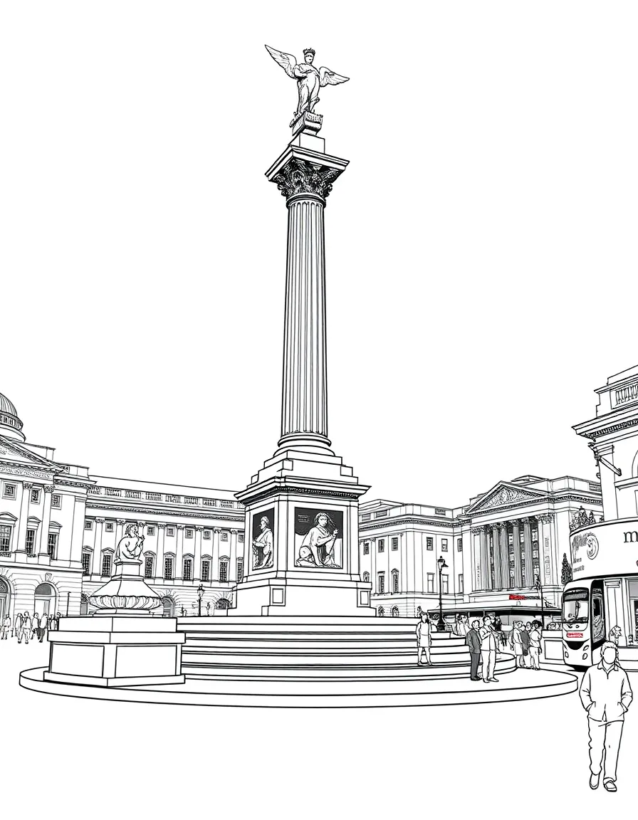 The Trafalgar Square with London Nelson's Column, British lion statues, National Gallery art, and Piccadilly Circus entertainment