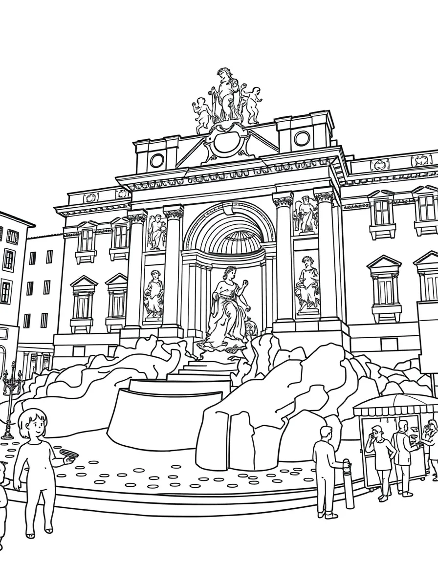 The Trevi Fountain with Roman coin-throwing traditions, Baroque fountain sculptures, Italian gelato vendors, and eternal city romance