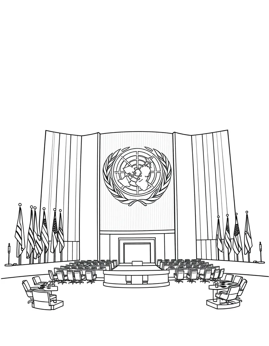 The United Nations Headquarters with international peace symbols, world flags display, diplomatic meeting rooms, and global cooperation themes