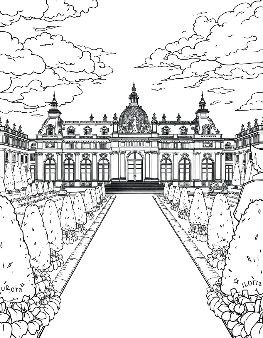The Versailles Palace with French royal gardens, Hall of Mirrors ballrooms, Marie Antoinette's hamlet, and Baroque architectural grandeur