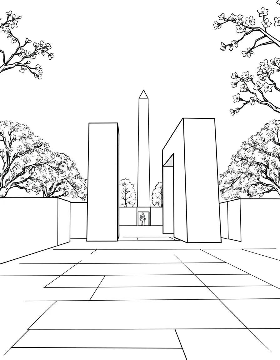 The Vietnam Veterans Memorial with Washington DC black granite, fallen soldier remembrance, cherry blossom contexts, and healing national symbols