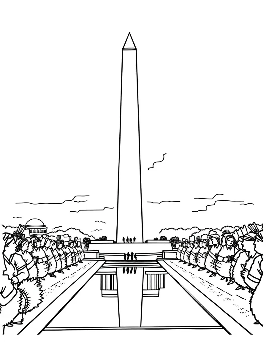 The Washington Monument with DC National Mall views, reflecting pool mirrors, Smithsonian museum silhouettes, and American patriotic symbols