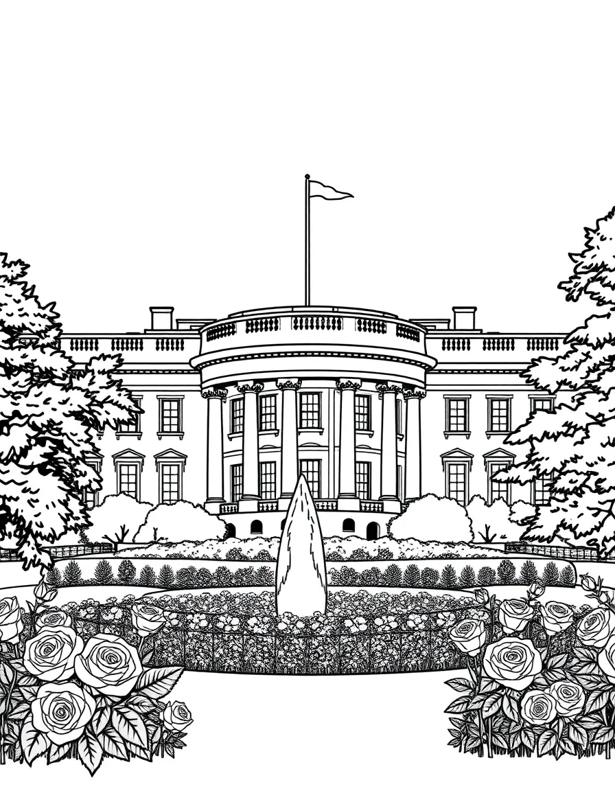 The White House with Washington DC rose gardens, presidential residence security, American eagle symbols, and executive mansion tours