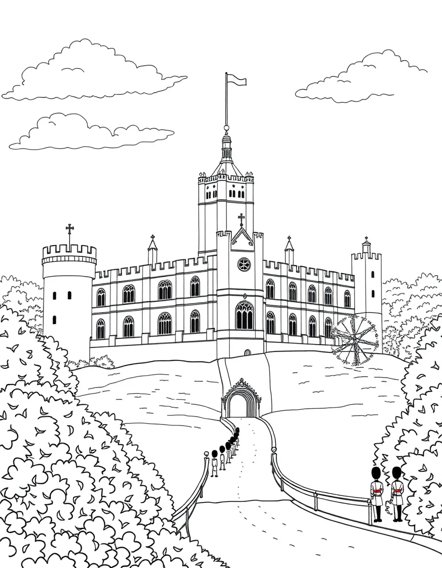 The Windsor Castle with British royal residences, Thames Valley countryside, Queen's Guard ceremonies, and English monarchy traditions