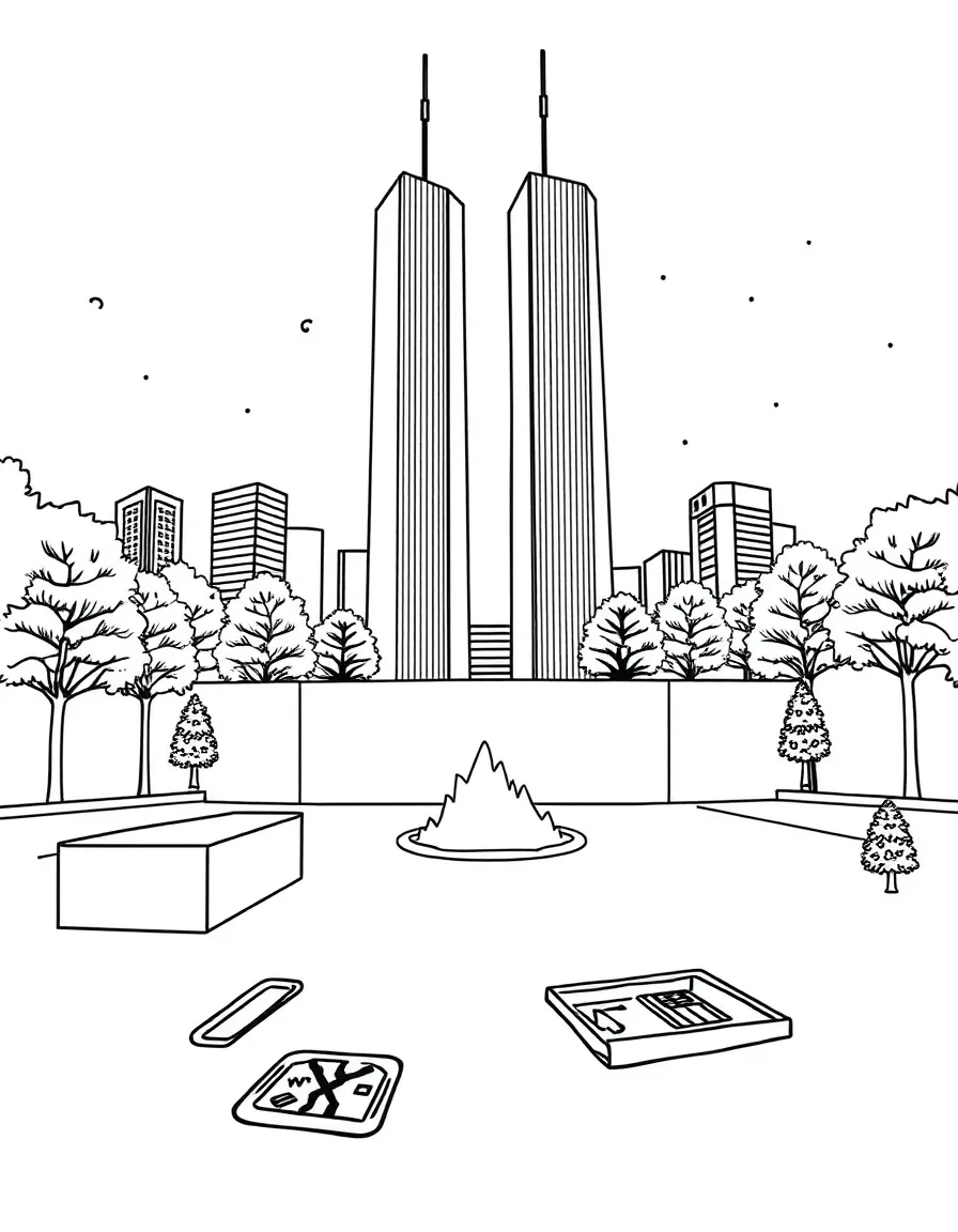 The World Trade Center Memorial with New York 9/11 remembrance, twin tower footprints, survivor trees, and national resilience symbols
