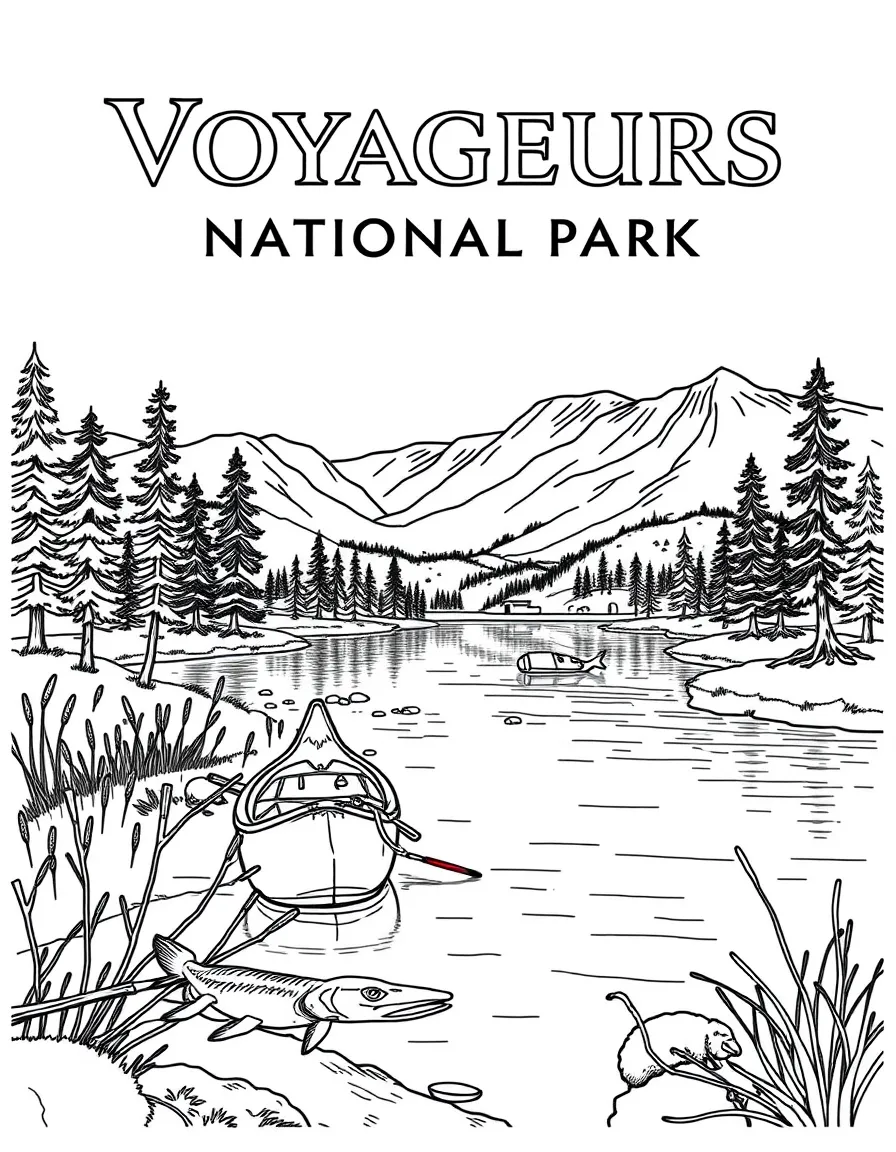 Voyageurs National Park with Minnesota boundary waters, French voyageur canoe routes, northern pike fishing, and Great Lakes fur trading