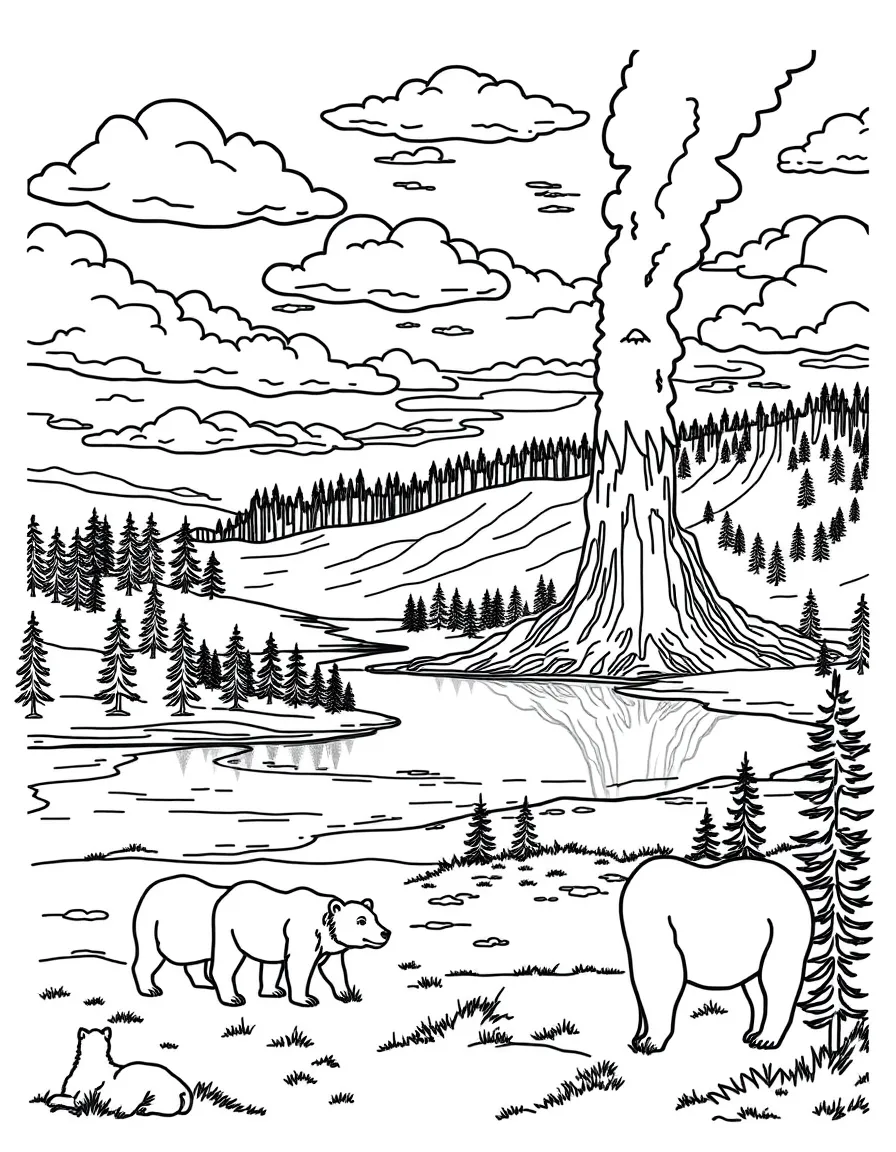Yellowstone National Park with Wyoming Old Faithful eruptions, Yellowstone Lake reflections, grizzly bear families, and geothermal wonderlands