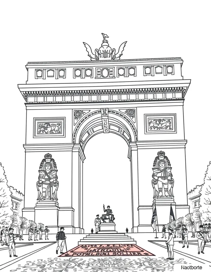 The Arc de Triomphe with Paris Champs-Élysées views, French military honors, Tomb of Unknown Soldier, and Napoleonic victory celebrations