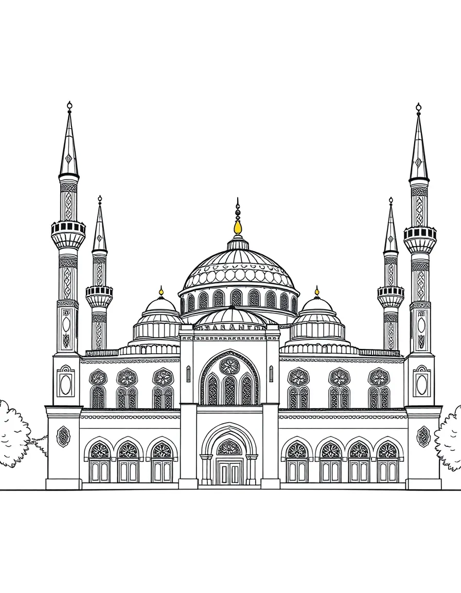 The Blue Mosque (Sultan Ahmed) with Istanbul six minarets, Ottoman imperial architecture, Islamic geometric patterns, and Turkish ceramic decorations
