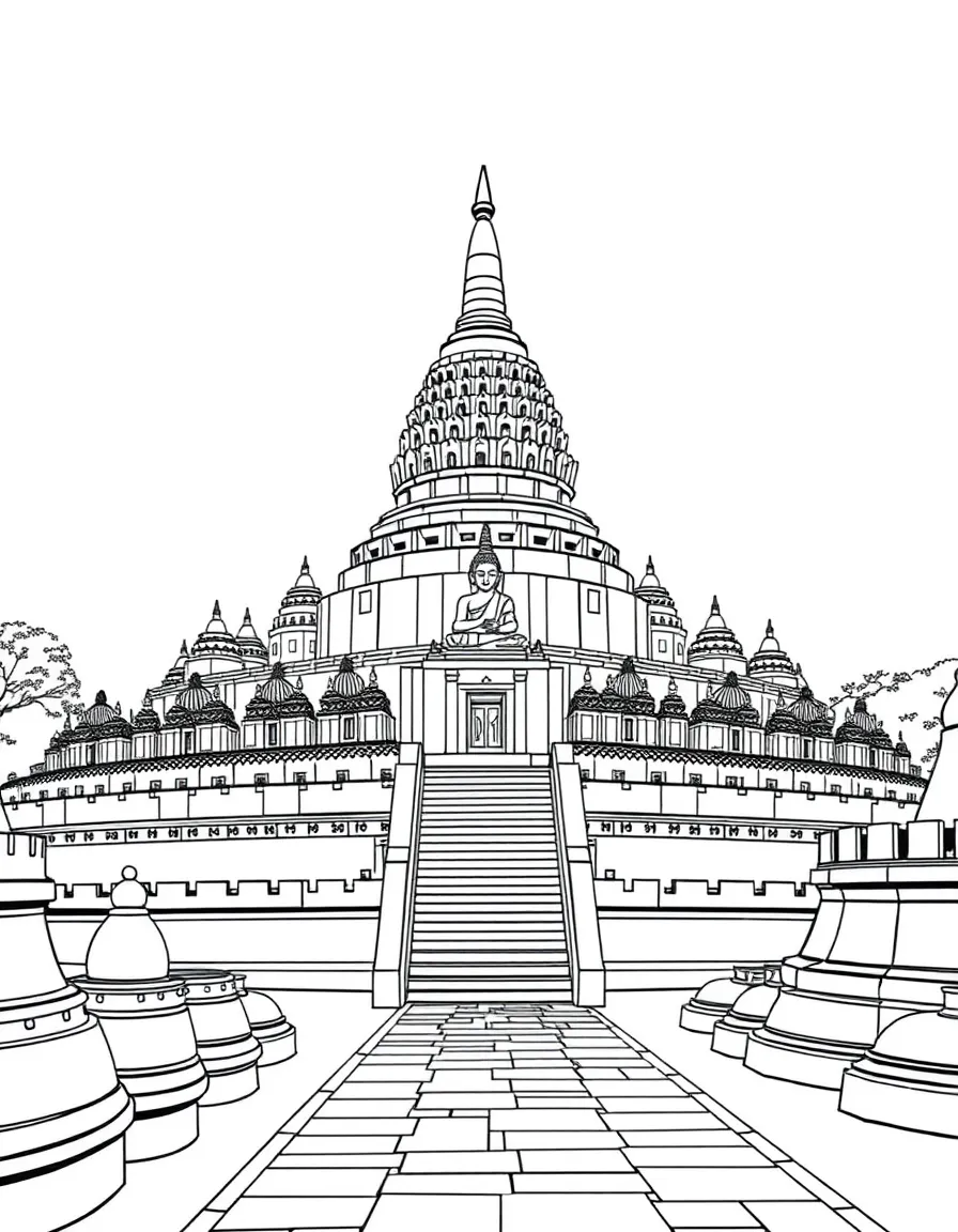 The Borobudur Temple with Indonesian Buddhist monuments, Java volcanic stone carvings, pilgrim pathway circumambulations, and Southeast Asian spirituality