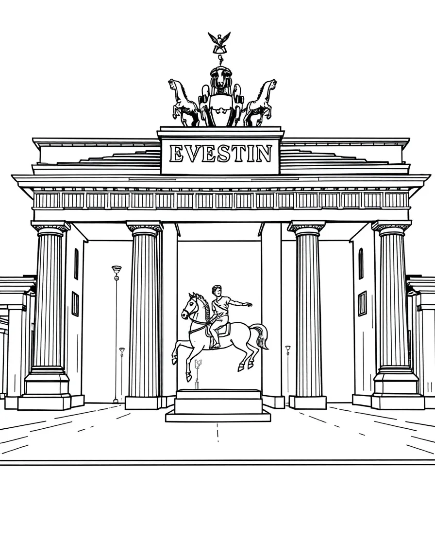 The Brandenburg Gate with Berlin German reunification, Prussian neoclassical architecture, Quadriga chariot sculpture, and European unity symbols