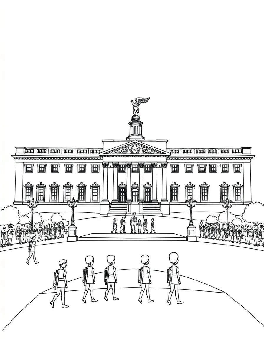 The Buckingham Palace with British royal residence, Changing of the Guard ceremonies, Queen Victoria Memorial, and constitutional monarchy traditions