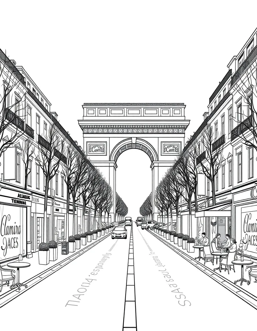 The Champs-Élysées with Paris luxury shopping, Arc de Triomphe terminus, French cultural boulevard, and European café culture