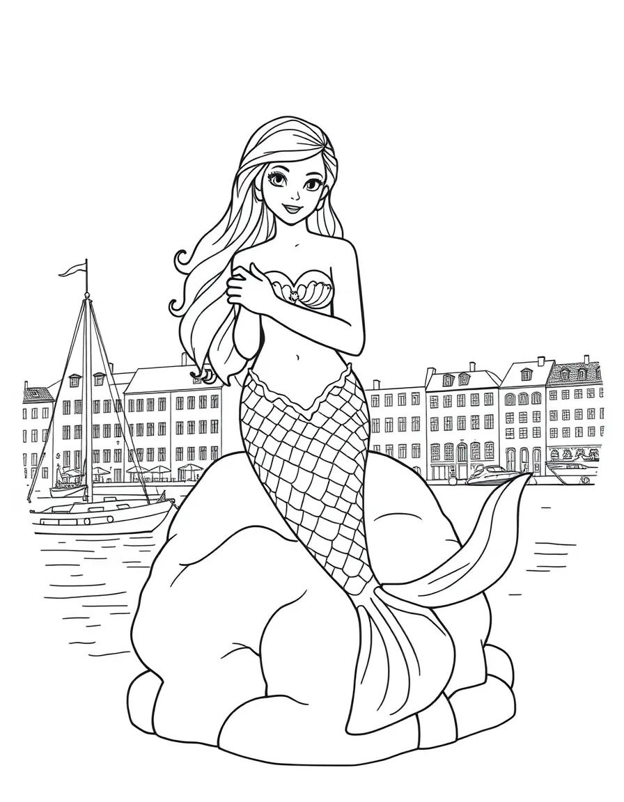 The Copenhagen Little Mermaid with Danish fairy tale sculpture, Hans Christian Andersen stories, Baltic Sea harbor settings, and Scandinavian maritime culture