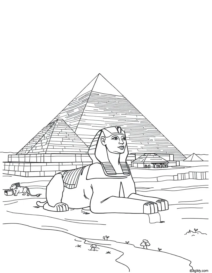 The Giza Pyramid Complex with Egyptian Old Kingdom monuments, Sphinx guardian mysteries, Nile River desert transition, and ancient engineering marvels