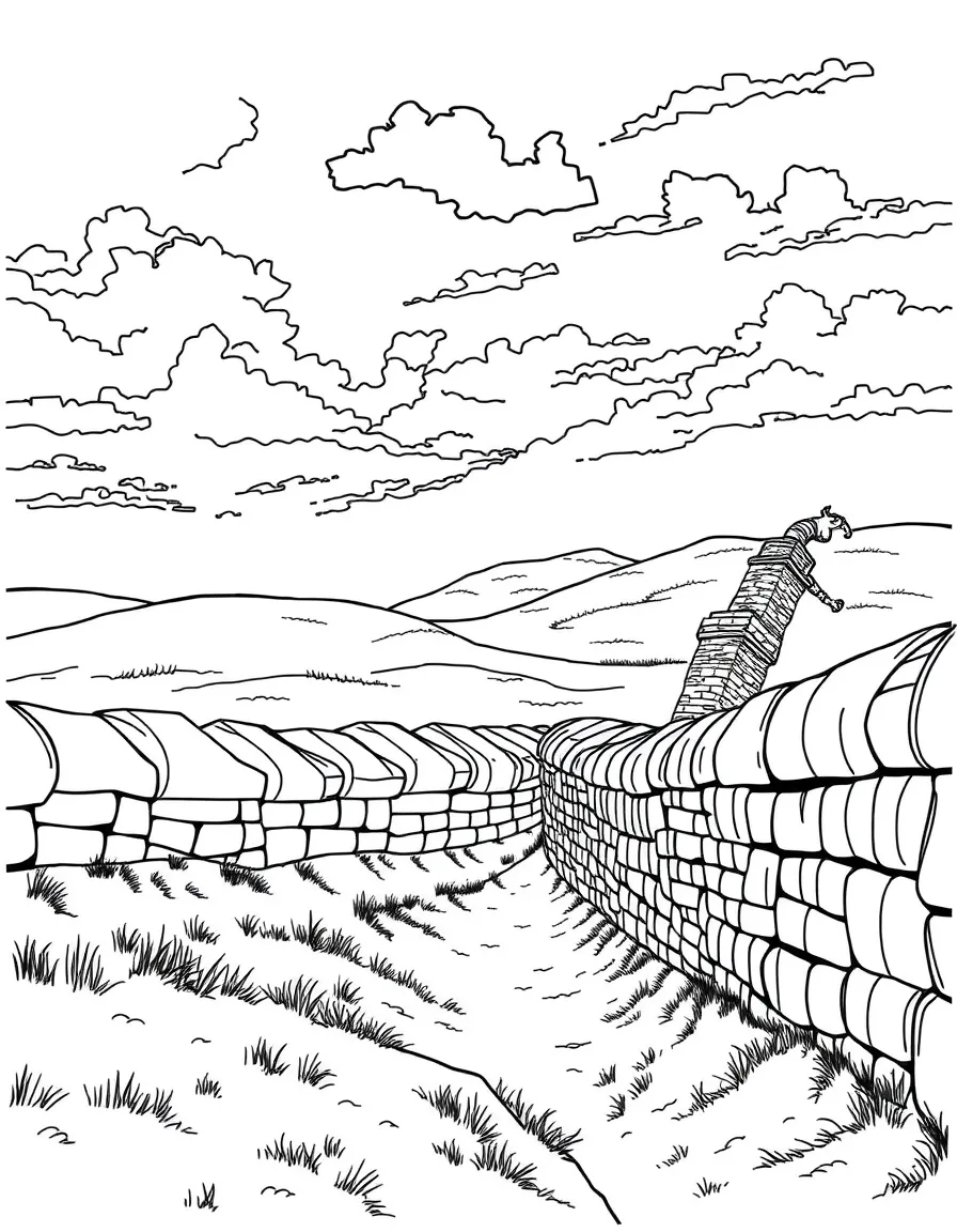 The Hadrian's Wall with English Roman frontier fortification, Northumberland countryside preservation, ancient military engineering, and British-Scottish border history