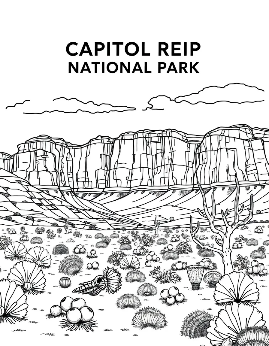 Capitol Reef National Park with Utah Waterpocket Fold exposure, Fremont culture petroglyphs, pioneer Fruita settlement, and desert fruit orchard preservation