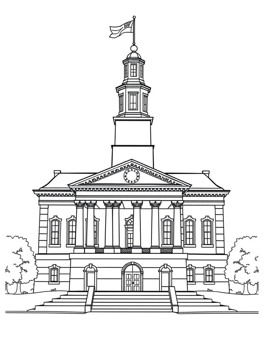 The Independence Hall with Pennsylvania American Revolution birthplace, Declaration of Independence signing, Constitutional Convention hosting, and democratic foundation symbolism