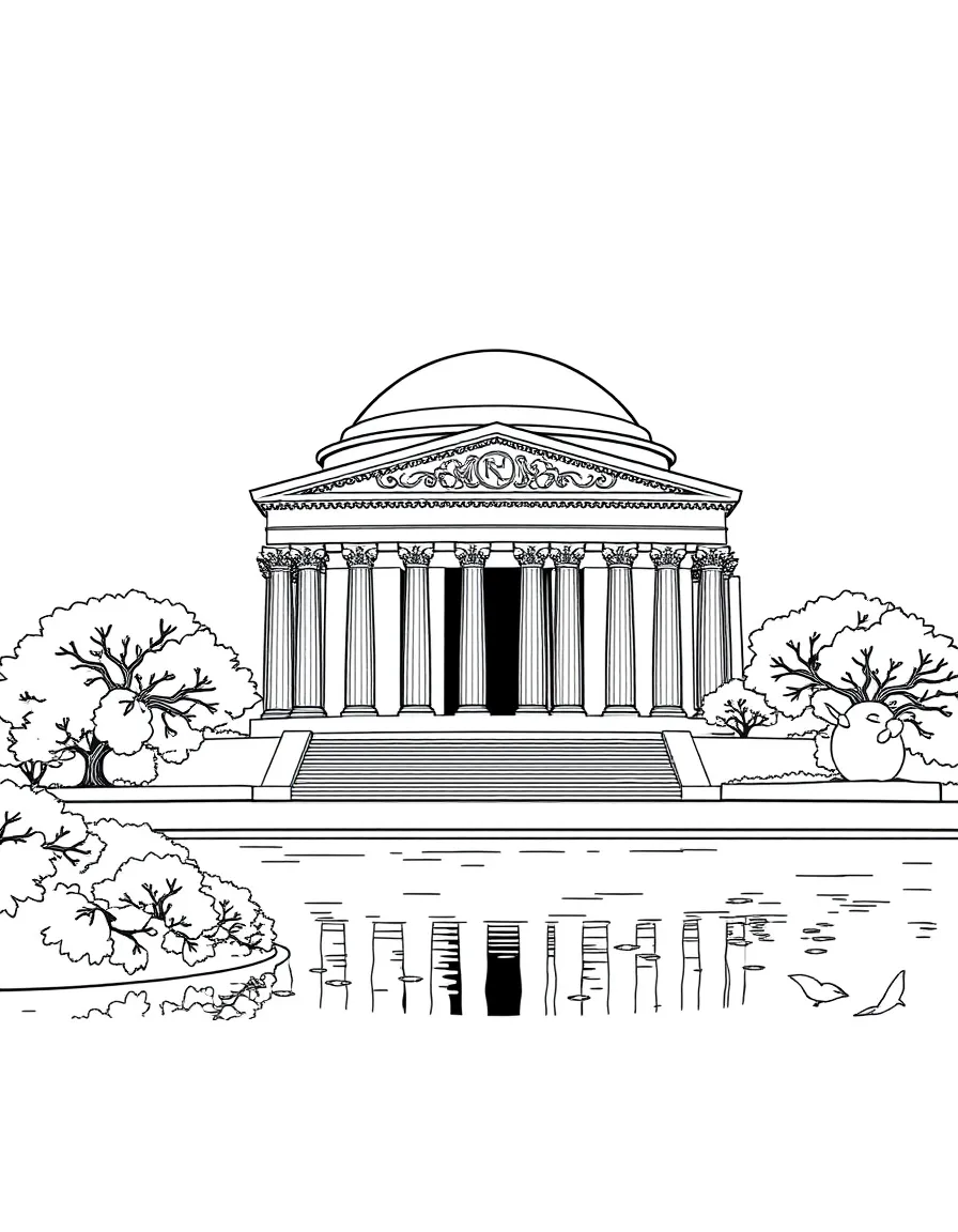 The Jefferson Memorial with Washington DC Founding Father commemoration, Tidal Basin cherry blossom setting, neoclassical rotunda architecture, and American democratic ideals