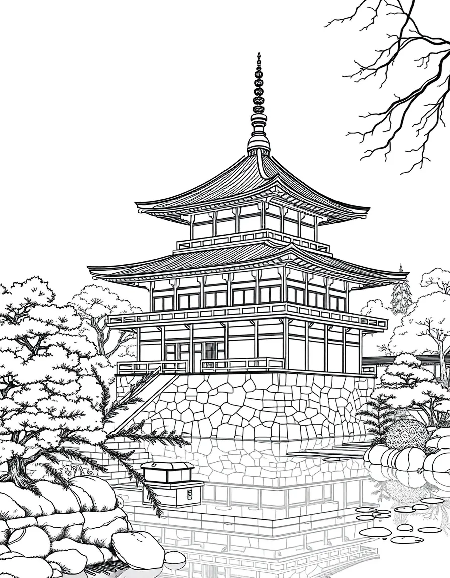 The Kinkaku-ji Golden Pavilion with Japanese Zen Buddhist aesthetics, Kyoto temple garden harmony, pond reflection symbolism, and traditional Japanese architectural refinement